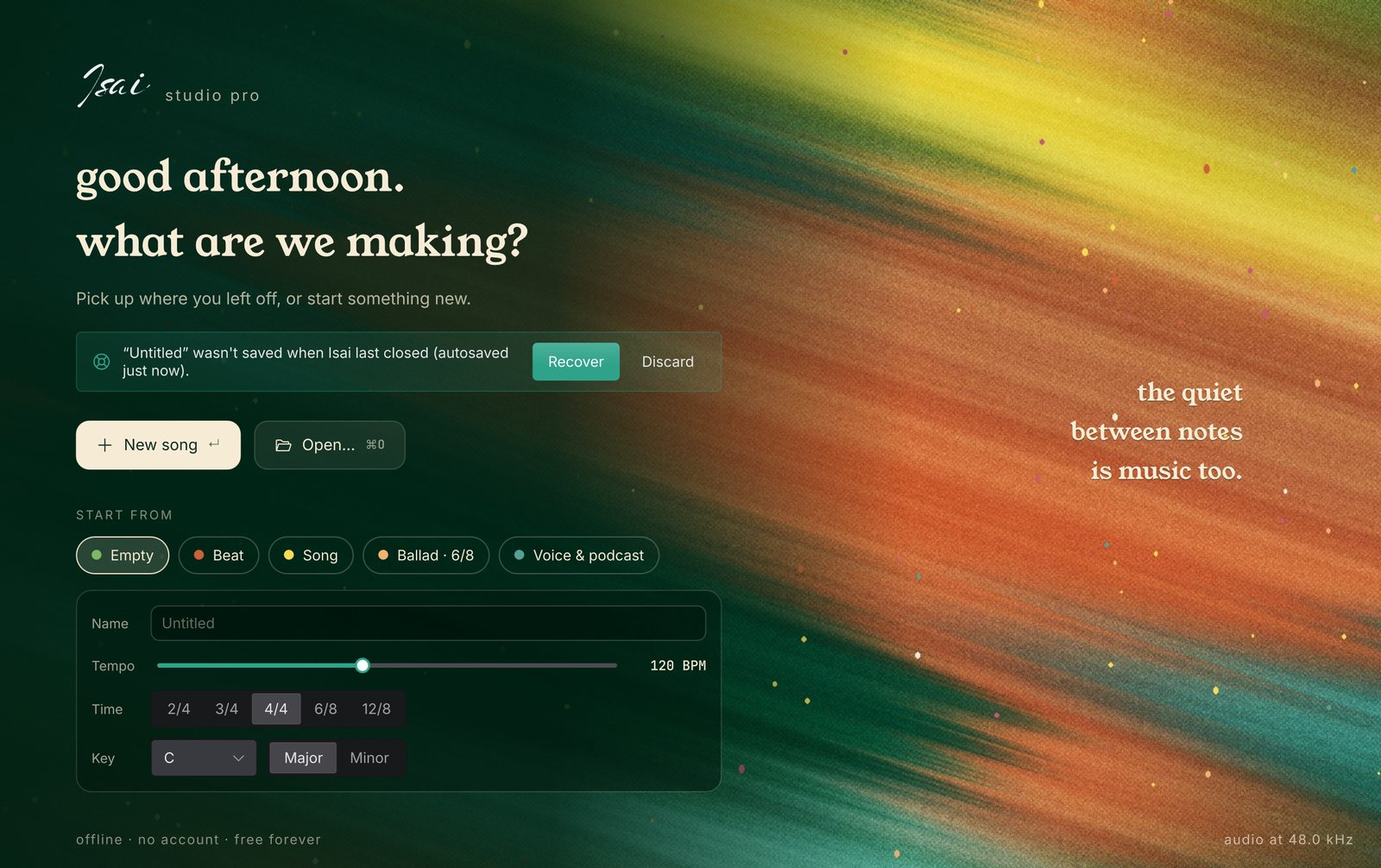 The Isai start screen: a painted backdrop with the greeting 'good afternoon. what are we making?'
