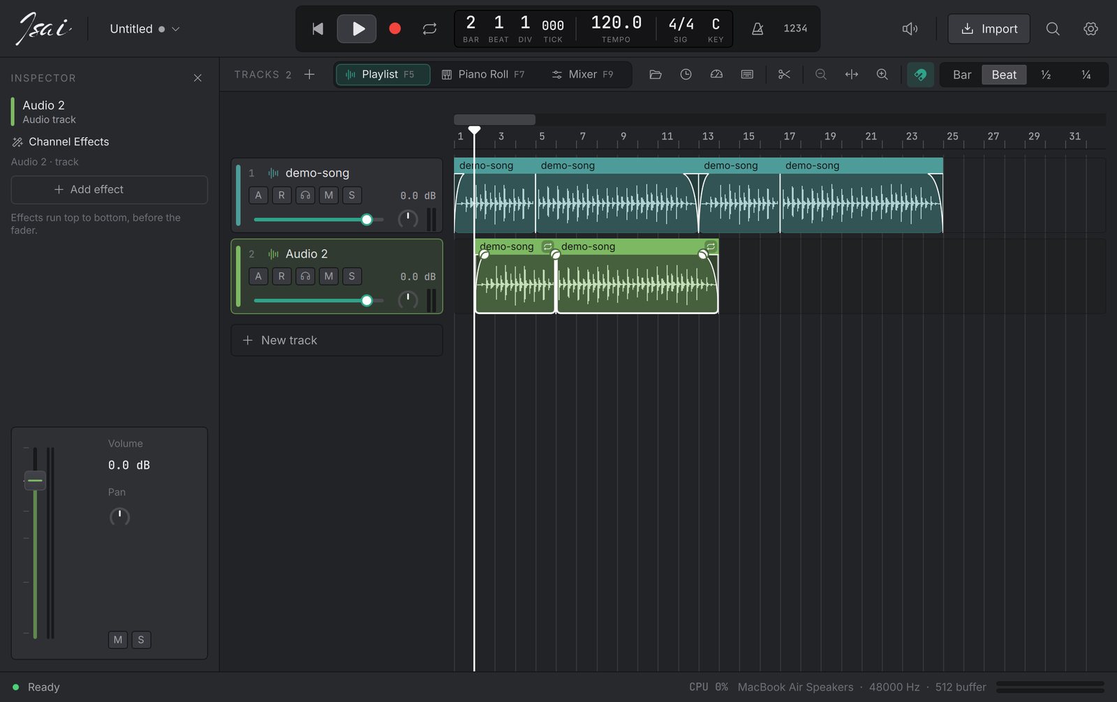 The Isai studio: the inspector on the left, tracks with their headers, and regions in lake teal and leaf green